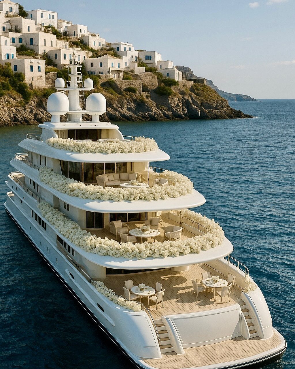 A large white luxury yacht decorated with white flowers sailing near a coastal town.