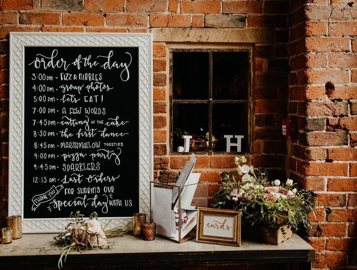 A large chalkboard sign with white calligraphy detailing a wedding schedule against a brick wall.