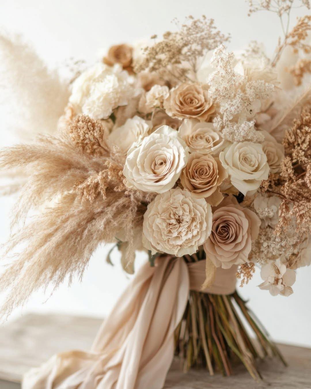 A rustic bridal bouquet with cream roses, dried pampas grass, and beige silk ribbons.