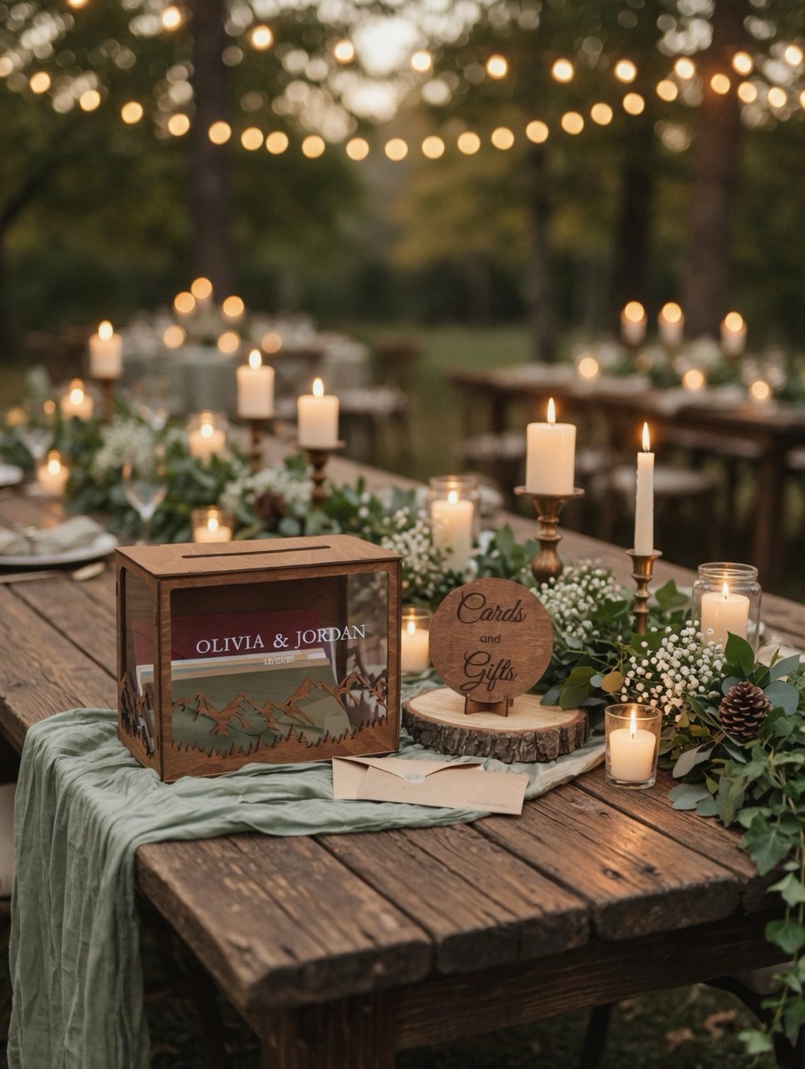 A rustic wooden wedding table decorated with candles, greenery, and a wooden card box.