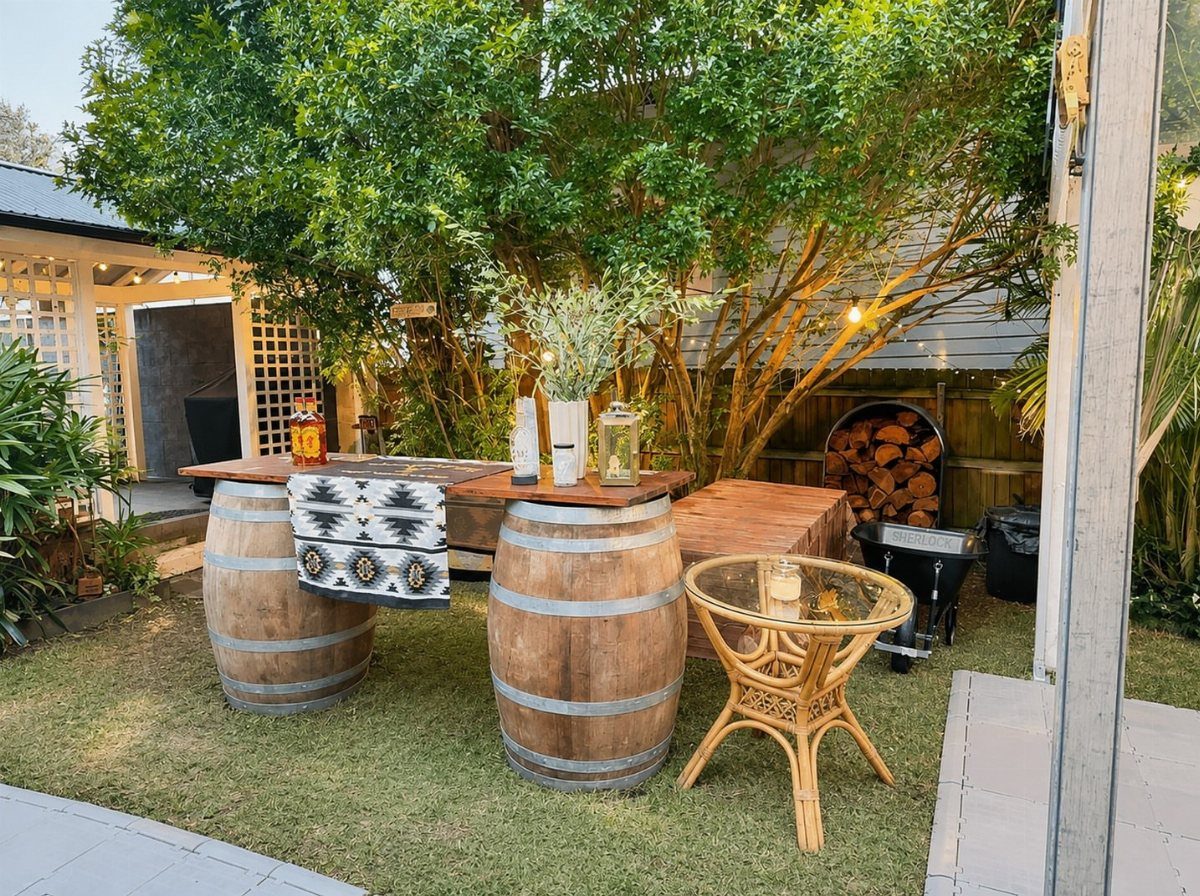Two wooden barrels supporting a tabletop bar under a lush green tree in a garden.