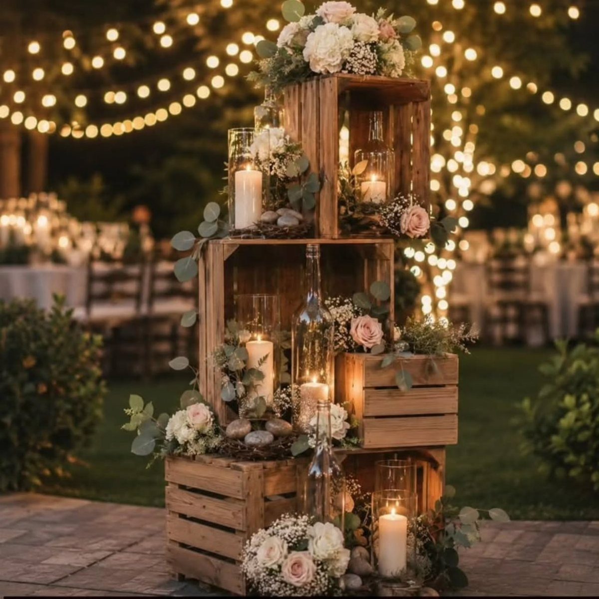 Stacked wooden crates decorated with roses, greenery, and glowing candles under string lights.
