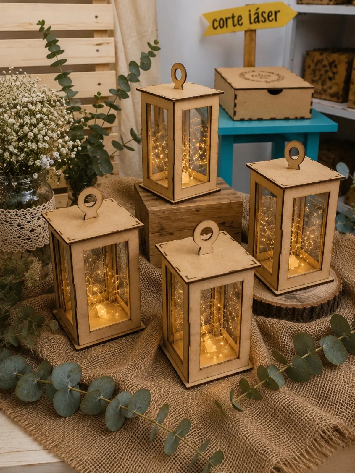 Four wooden lanterns with glowing fairy lights arranged on burlap with eucalyptus and flowers.