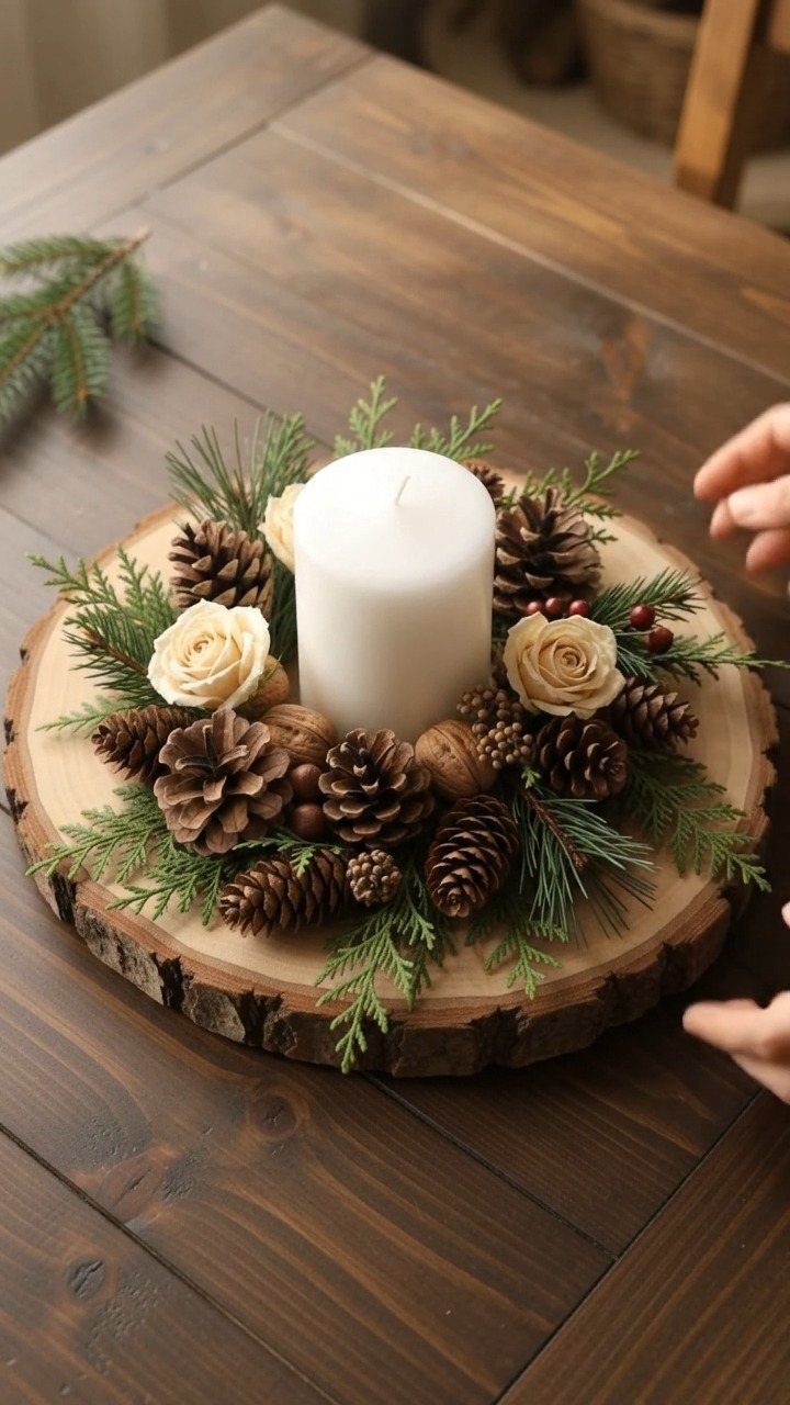 A white pillar candle surrounded by pinecones, roses, and greenery on a wood slice.