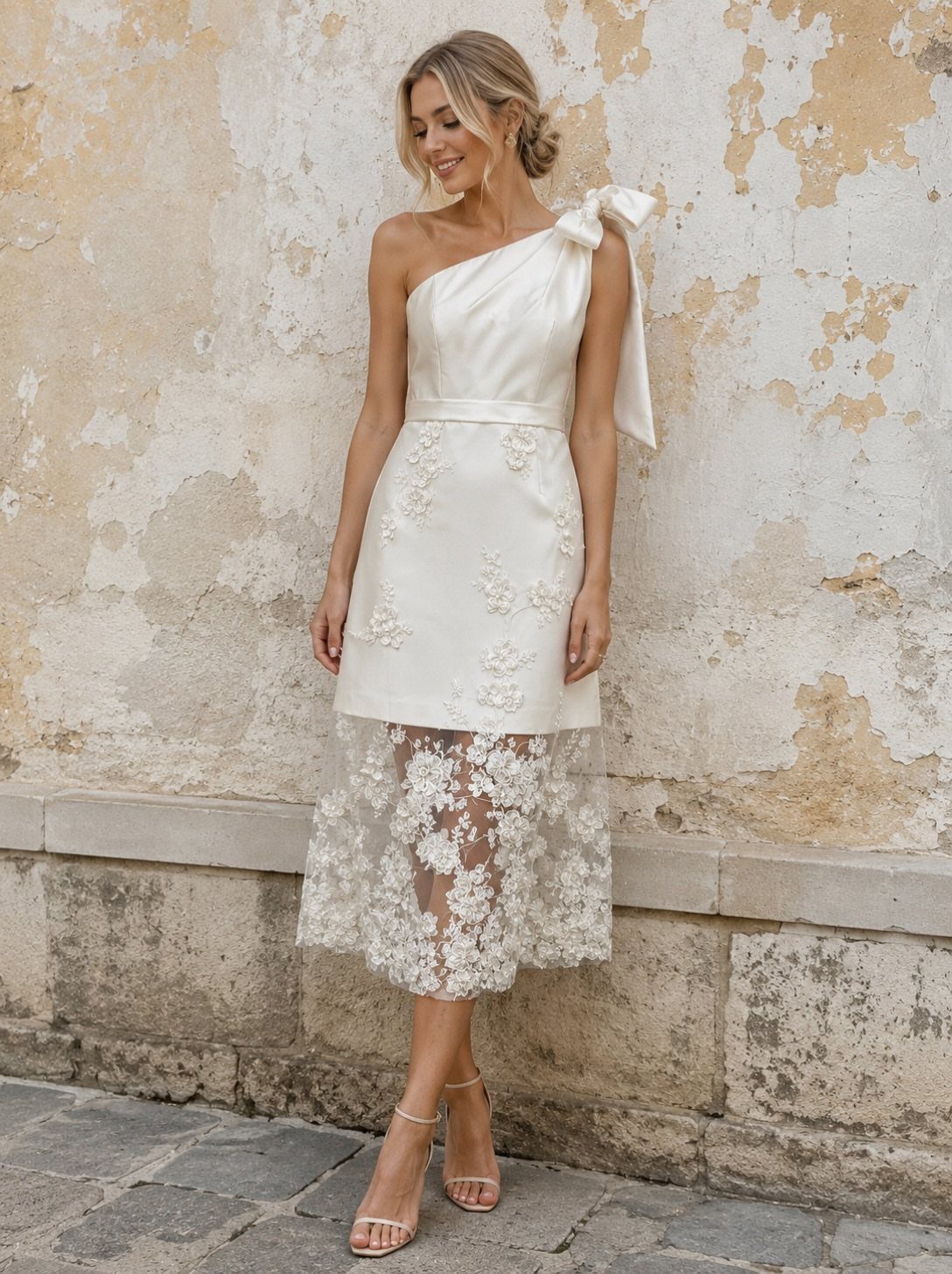 Simple Court Wedding Dress: 7 Styles That Work at City Hall 6 A woman in a white one-shoulder midi dress with lace detailing stands against a stone wall.