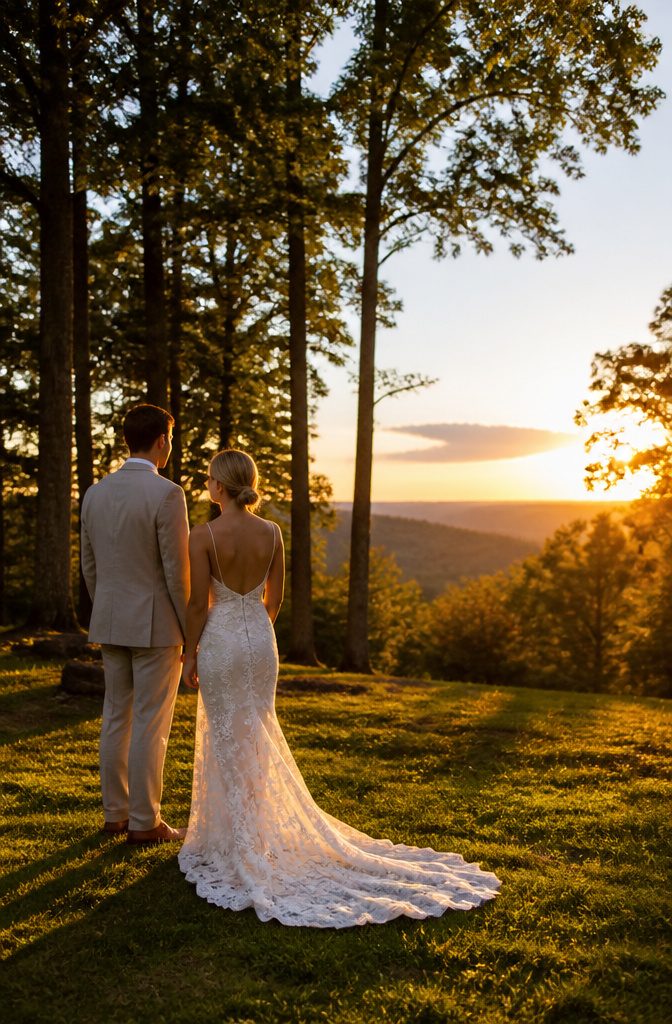 Sunset Wedding Photos: A Guide to Getting Them Right 4 A couple stands on a grassy knoll in a wooded clearing before sunset.