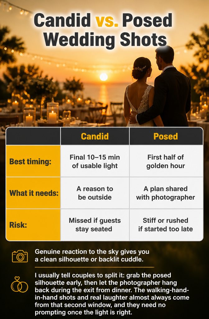 Sunset Wedding Photos: A Guide to Getting Them Right 8 A chart comparing candid and posed wedding shots during sunset.