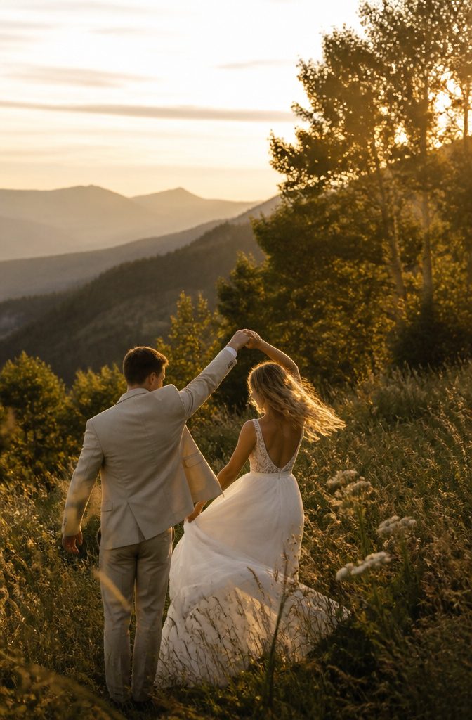 Sunset Wedding Photos: A Guide to Getting Them Right 6 A couple laughing and twirling together on a sunlit hillside.