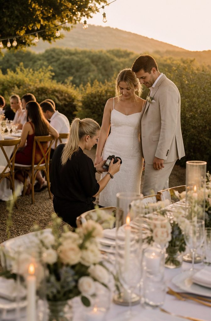 Sunset Wedding Photos: A Guide to Getting Them Right 3 A beautifully set outdoor table with a couple and their photographer nearby.