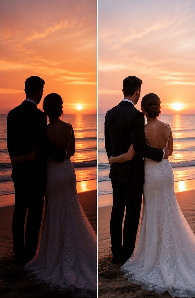 Sunset Wedding Photos: A Guide to Getting Them Right 5 A couple poses during sunset, with a photographer managing lighting.