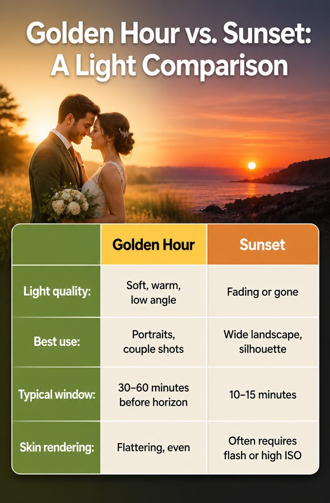 Sunset Wedding Photos: A Guide to Getting Them Right 7 An infographic comparing golden hour and sunset lighting characteristics.