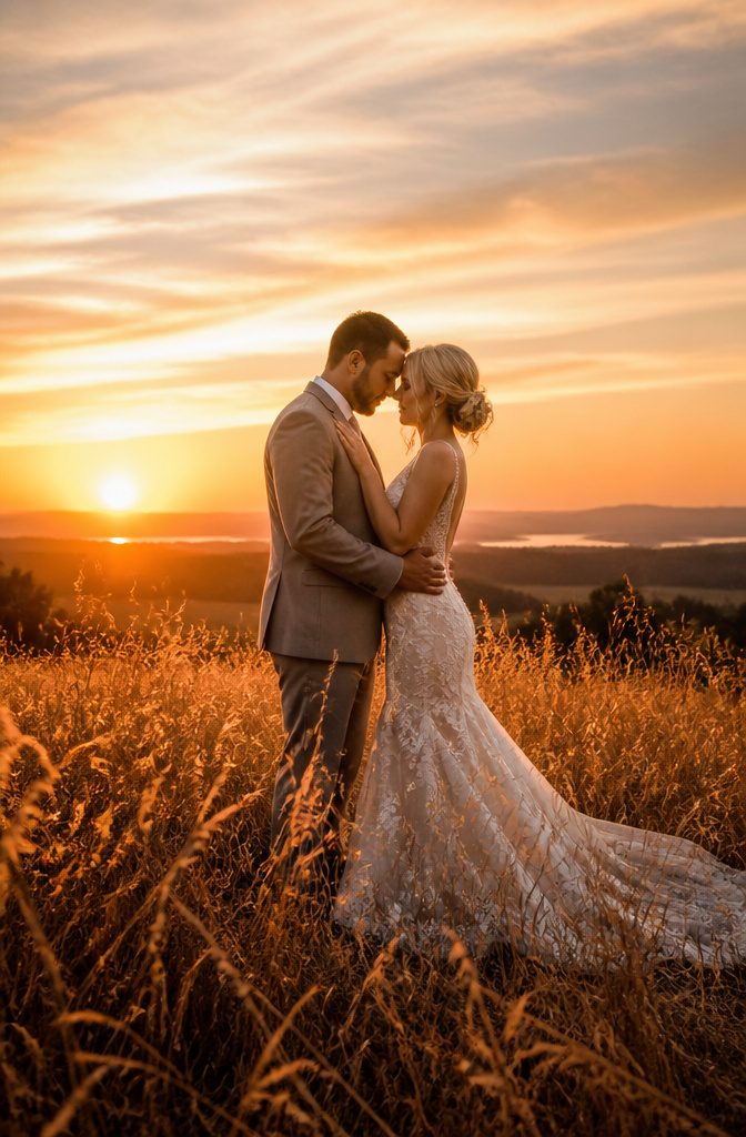 Sunset Wedding Photos: A Guide to Getting Them Right 9 A couple sharing an embrace with a golden sunset in the background.