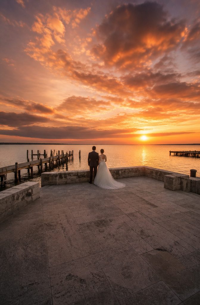Sunset Wedding Photos: A Guide to Getting Them Right 11 A couple at a wedding venue with a clear view of the sunset horizon.