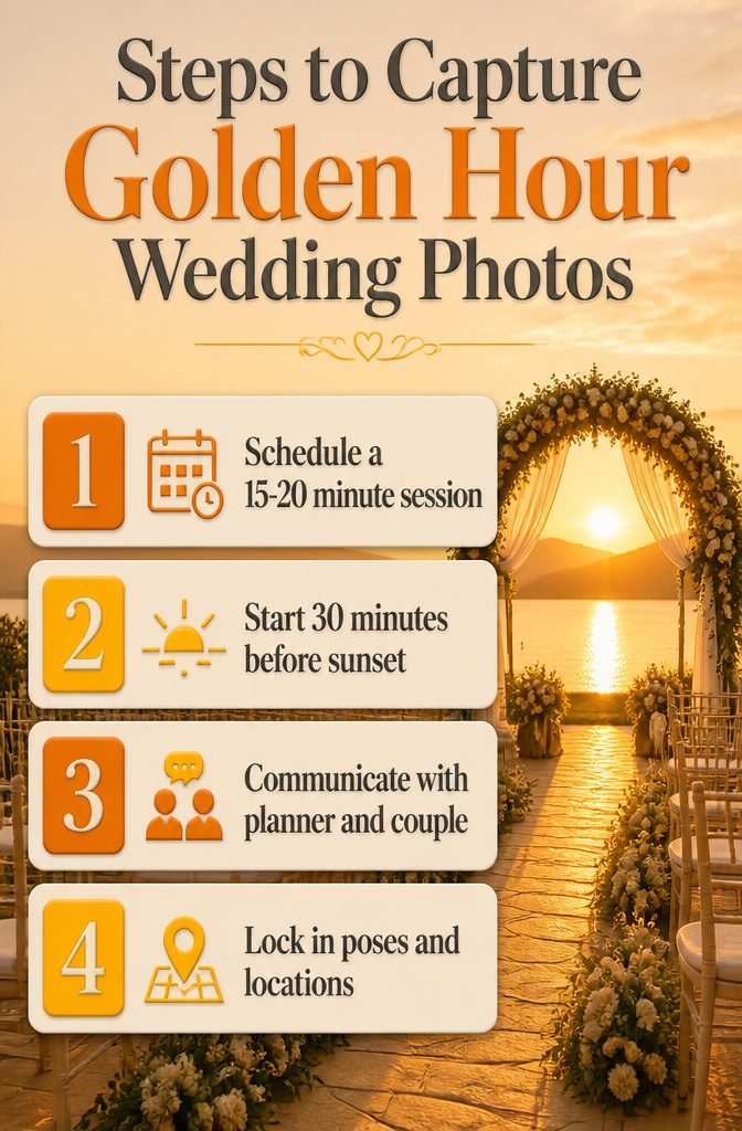 Sunset Wedding Photos: A Guide to Getting Them Right 1 An infographic outlining steps for capturing golden hour wedding photos.
