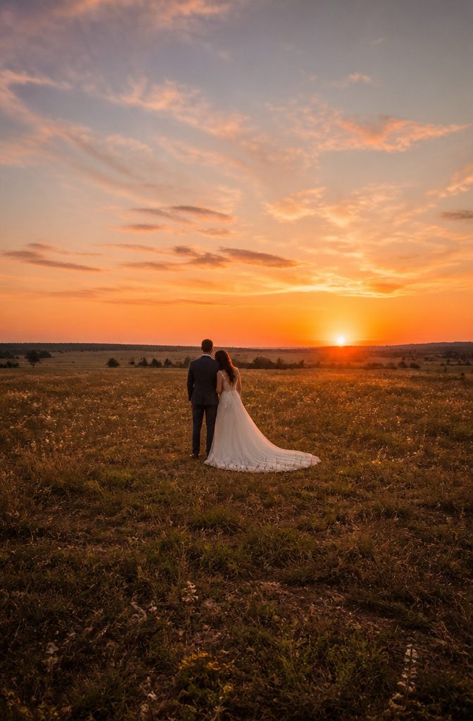 Sunset Wedding Photos: A Guide to Getting Them Right 2 A sunset wedding photo taken from a west-facing location with an open horizon.