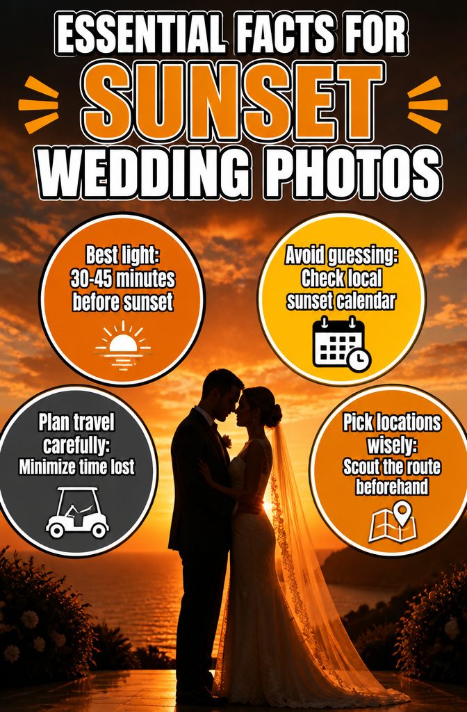 Sunset Wedding Photos: A Guide to Getting Them Right 10 An infographic with essential facts for capturing sunset wedding photos.