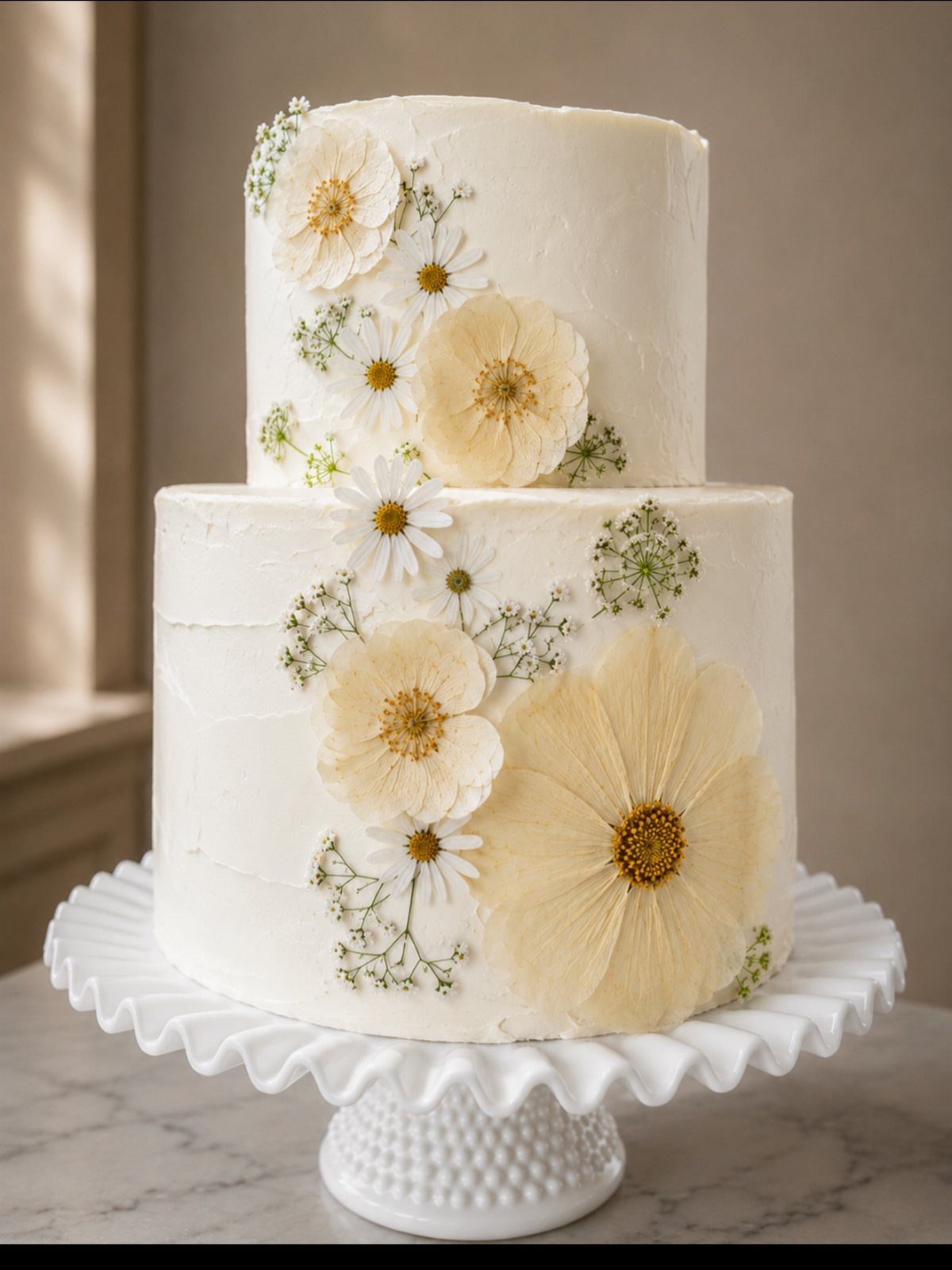 13 Wedding Cakes with Flowers to Suit Every Style 8 Two-tier white buttercream wedding cake decorated with cream and white dried flowers on a pedestal stand.