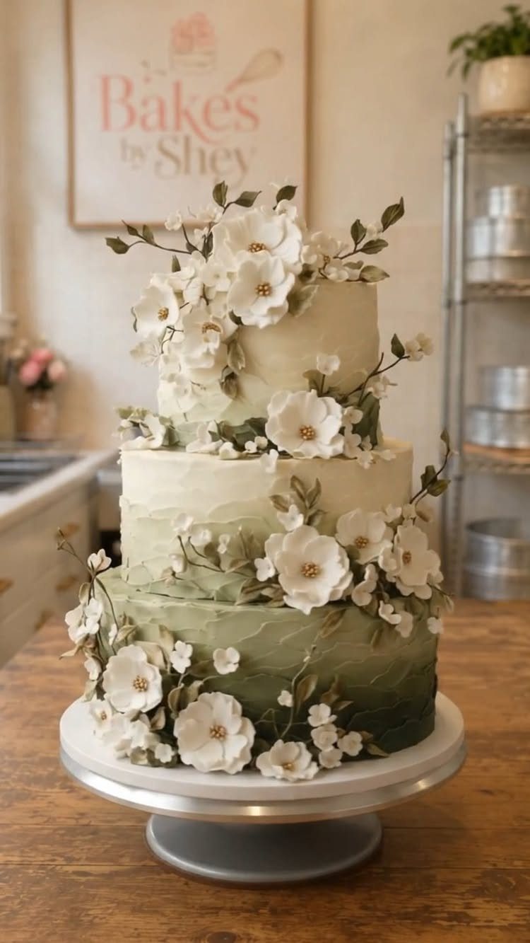 13 Wedding Cakes with Flowers to Suit Every Style 13 A three-tiered ombre green and white wedding cake decorated with white sugar flowers and leaves.