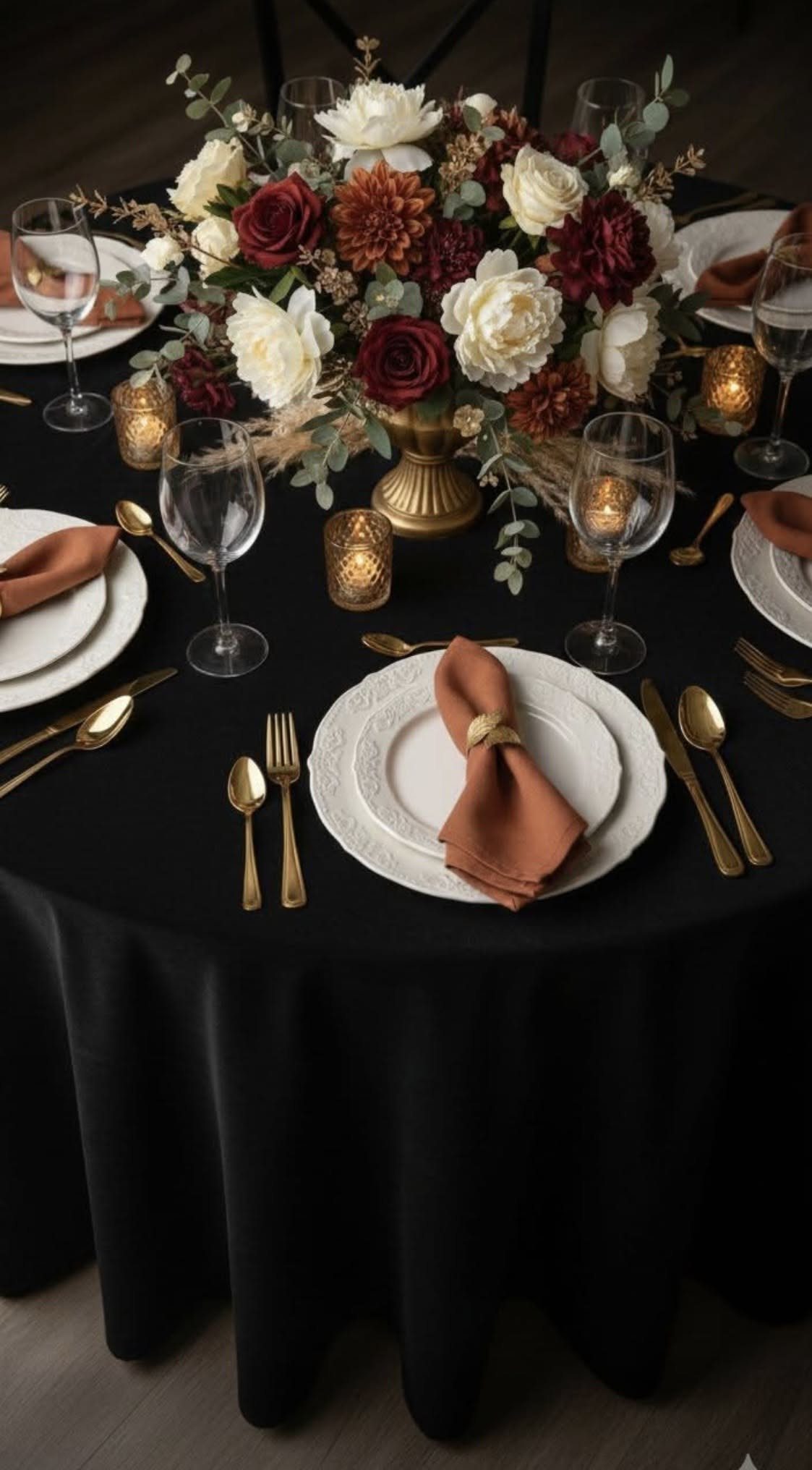 Formal table setting with black linens, white plates, gold cutlery, and burgundy and white floral centerpiece.