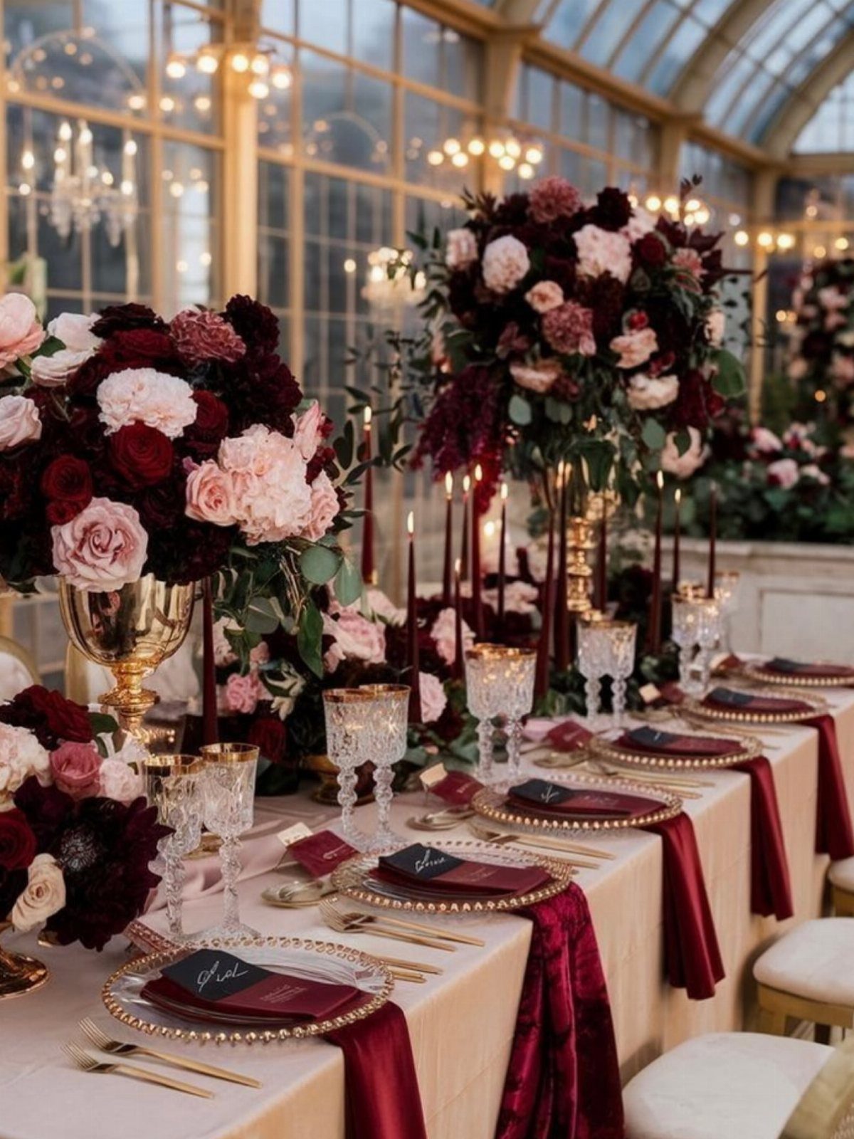 Wedding table setting with burgundy roses, gold chargers, and tall burgundy taper candles.
