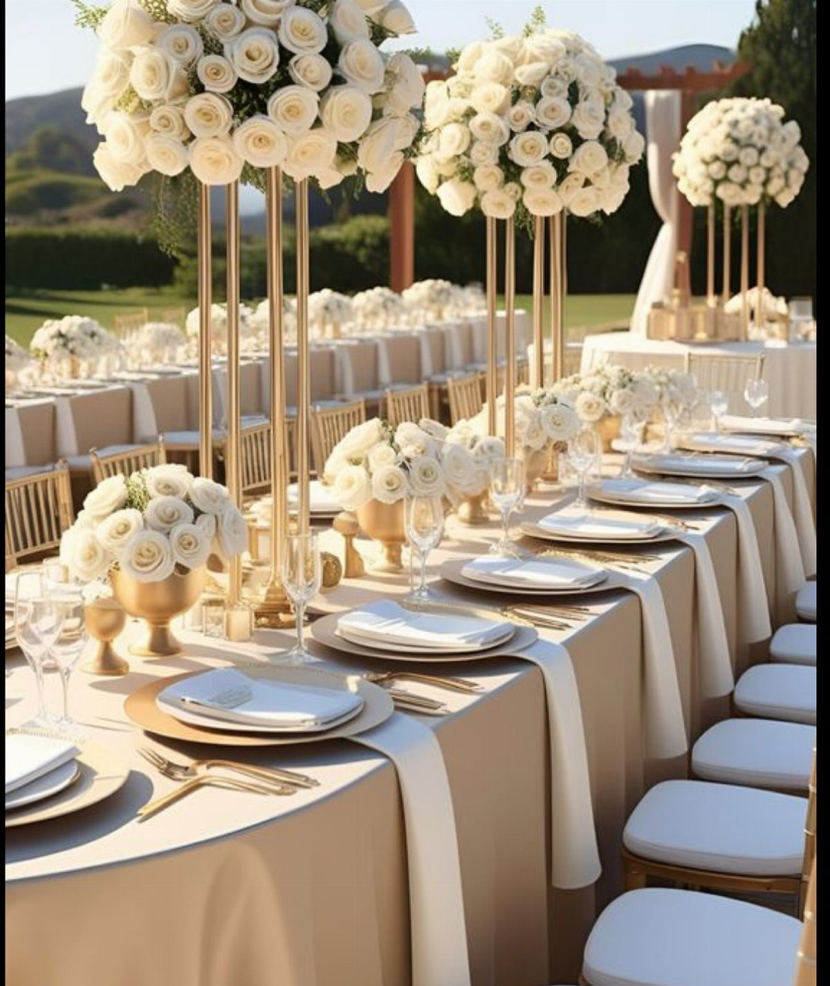 Elegant wedding table setting with cream linens, gold cutlery, and white rose centerpieces outdoors.