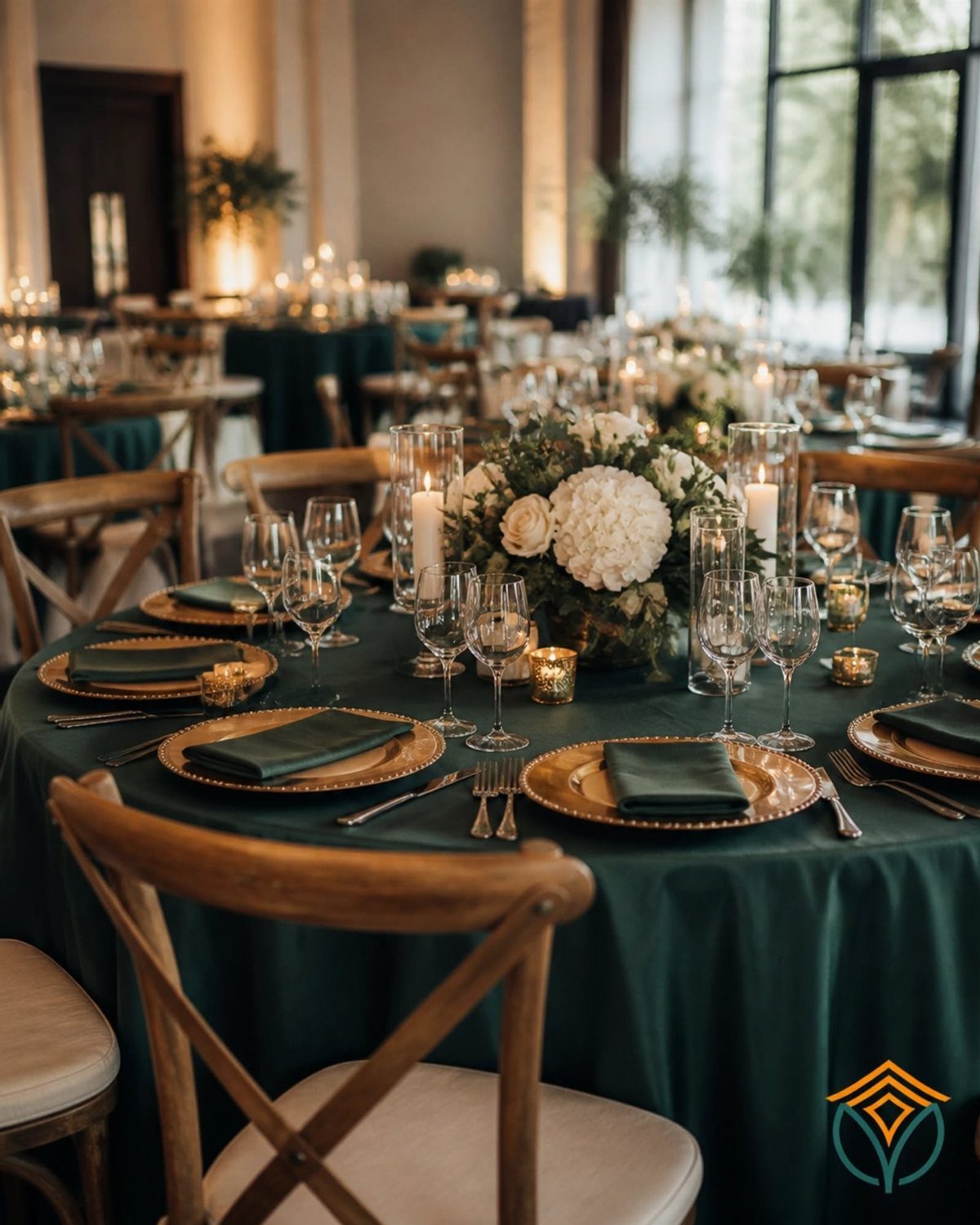 Emerald green tablecloth with gold chargers and white floral centerpieces on a wedding reception table.