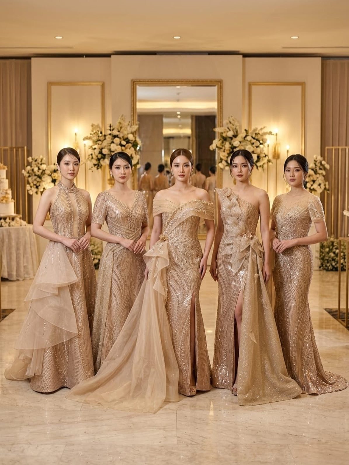 Five women posing in elegant, shimmering gold sequined bridesmaid dresses in a ballroom.