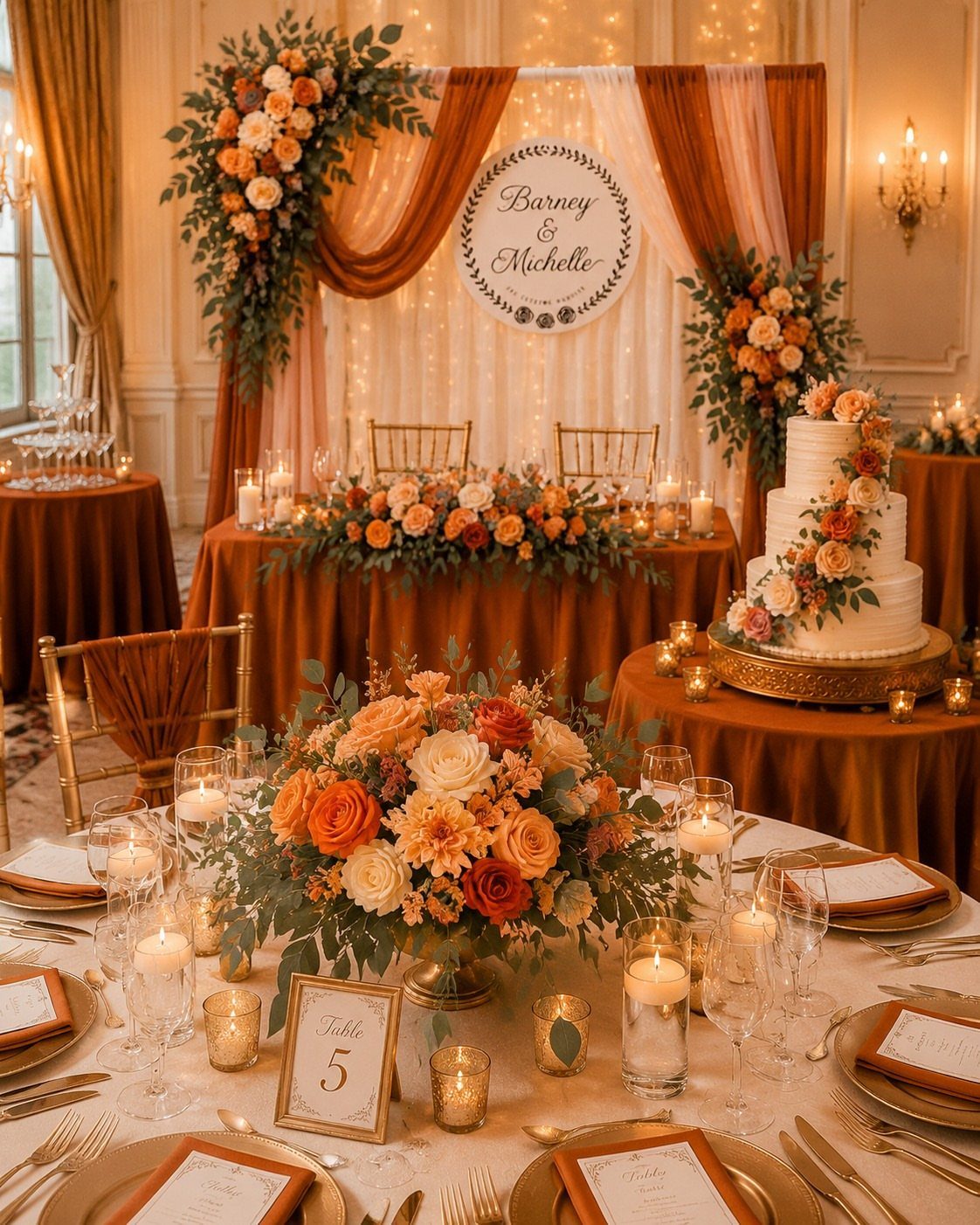Terracotta wedding table setting with orange floral centerpieces, gold cutlery, and warm lighting.
