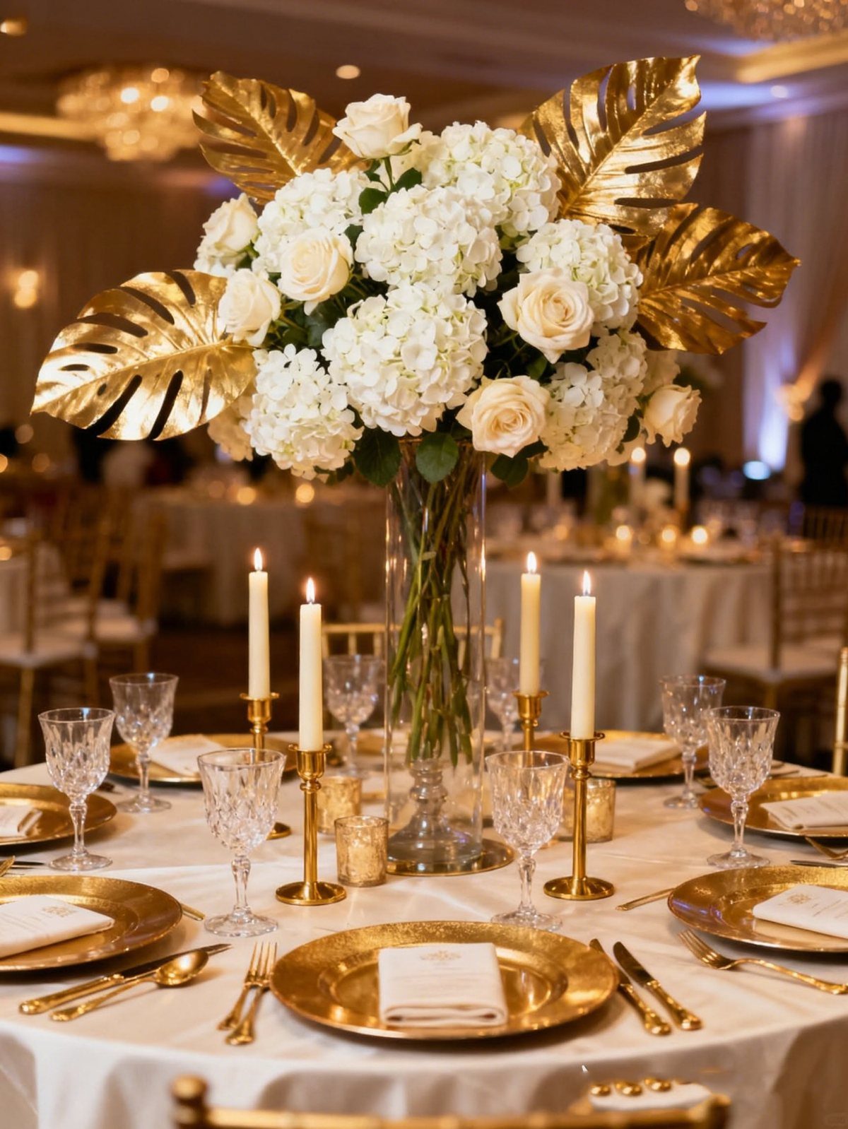 White roses and hydrangeas with gold monstera leaves in a tall vase on a wedding table.