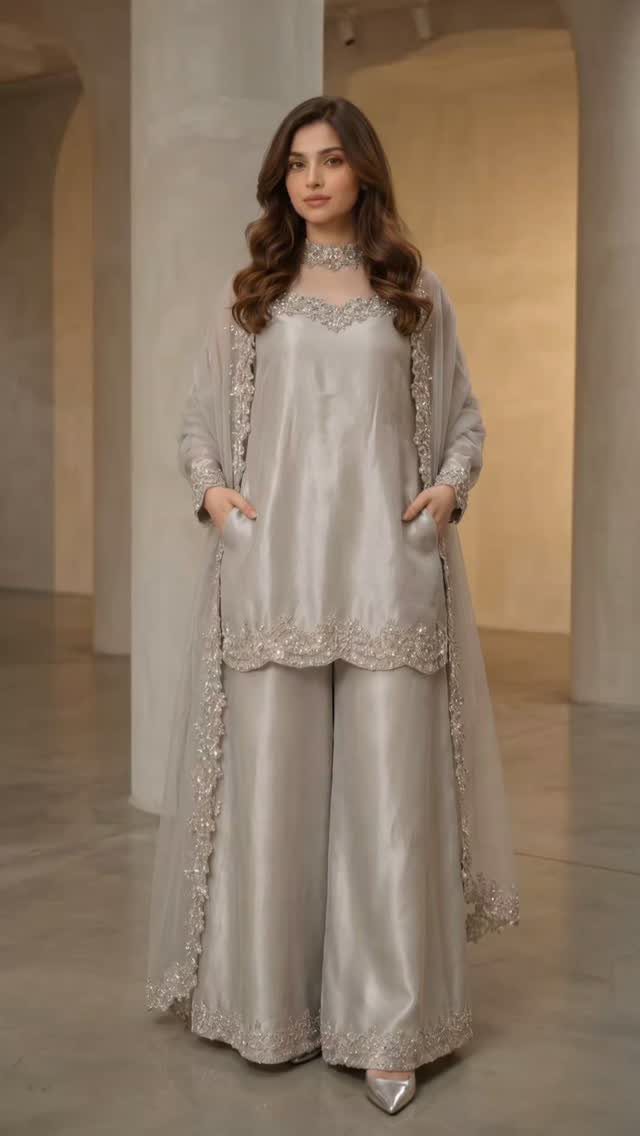 A woman wearing a silver embroidered tunic, wide-leg trousers, and a sheer cape.