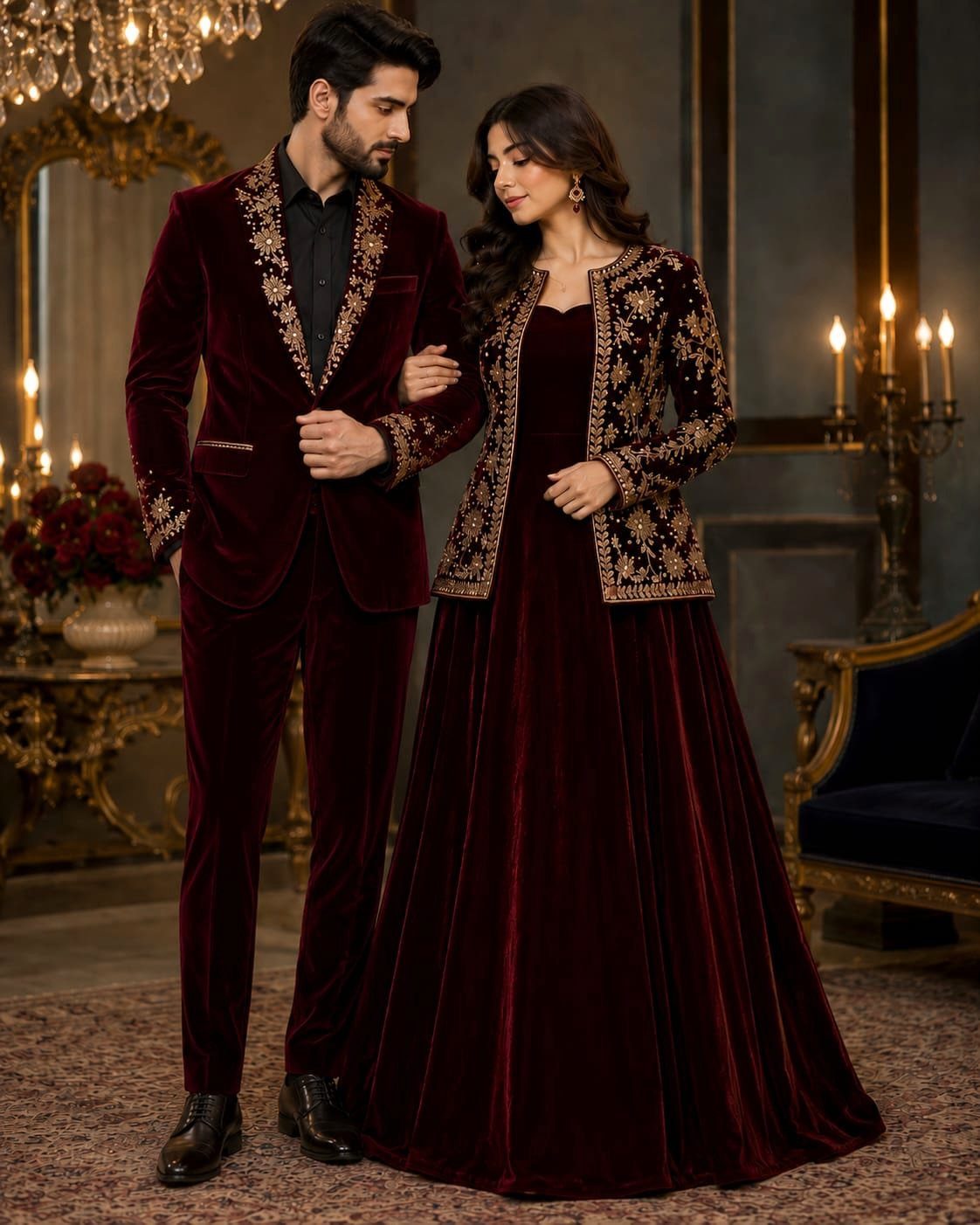A man and woman posing in ornate burgundy velvet wedding outfits with gold embroidery.