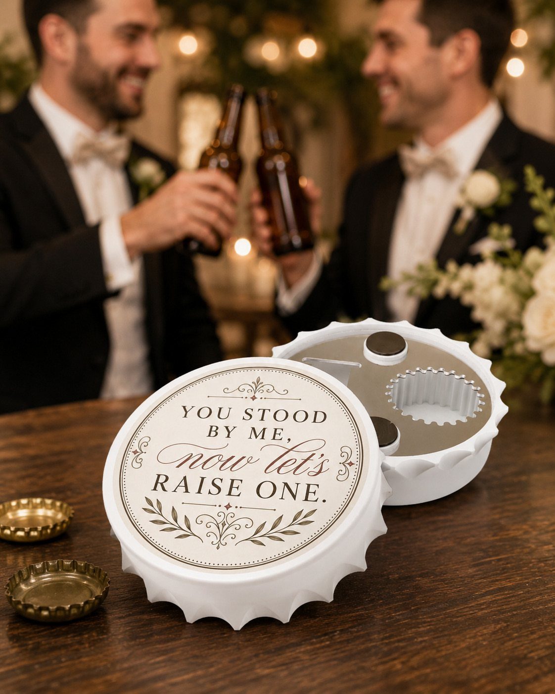 A white decorative tin containing a metal bottle opener on a wooden table.