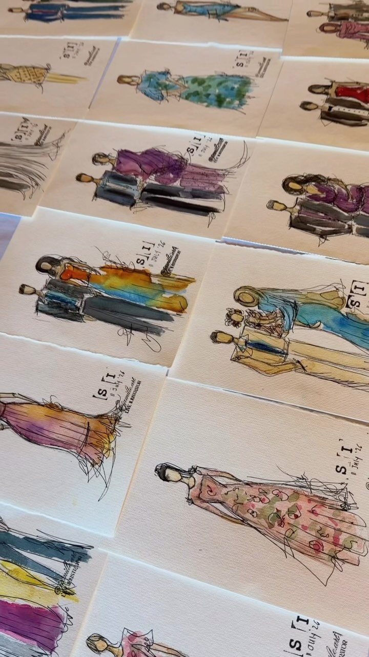 Watercolor sketches of people in colorful clothing laid out on white paper cards.
