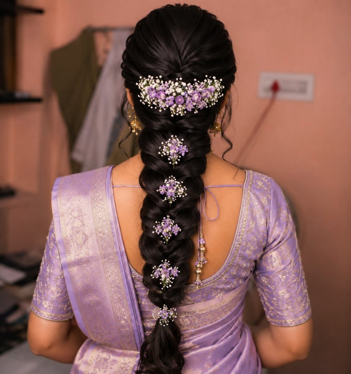 A woman's long dark hair styled in a thick braid decorated with purple floral hair accessories.