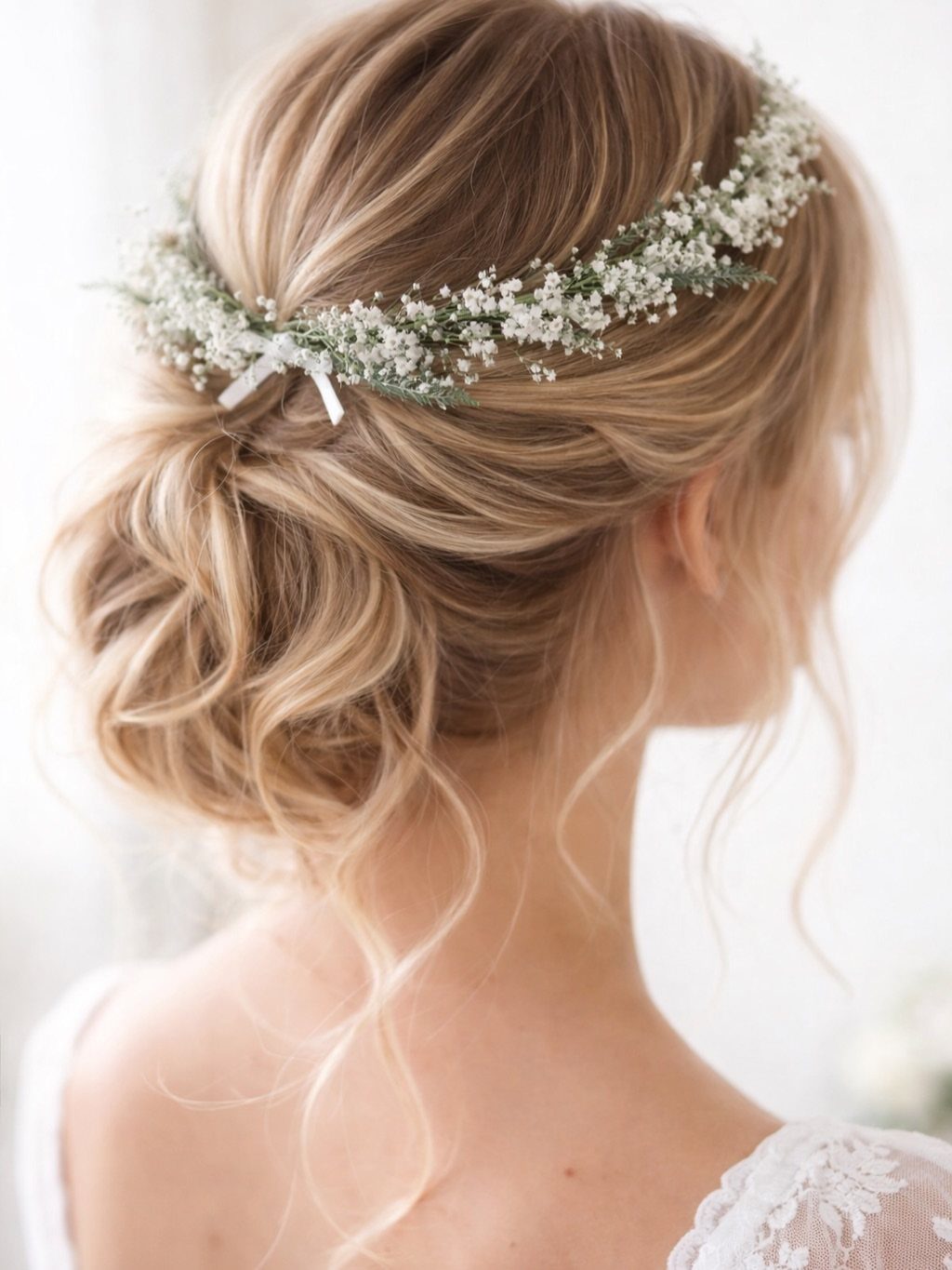 Blonde woman with a low messy updo wearing a delicate baby's breath flower crown.