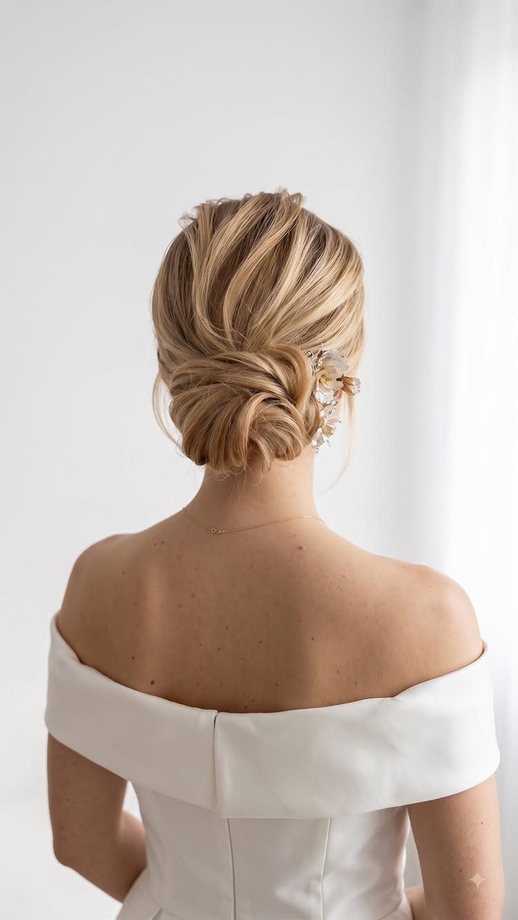 A woman with blonde hair styled in an elegant low bun with floral accessories.