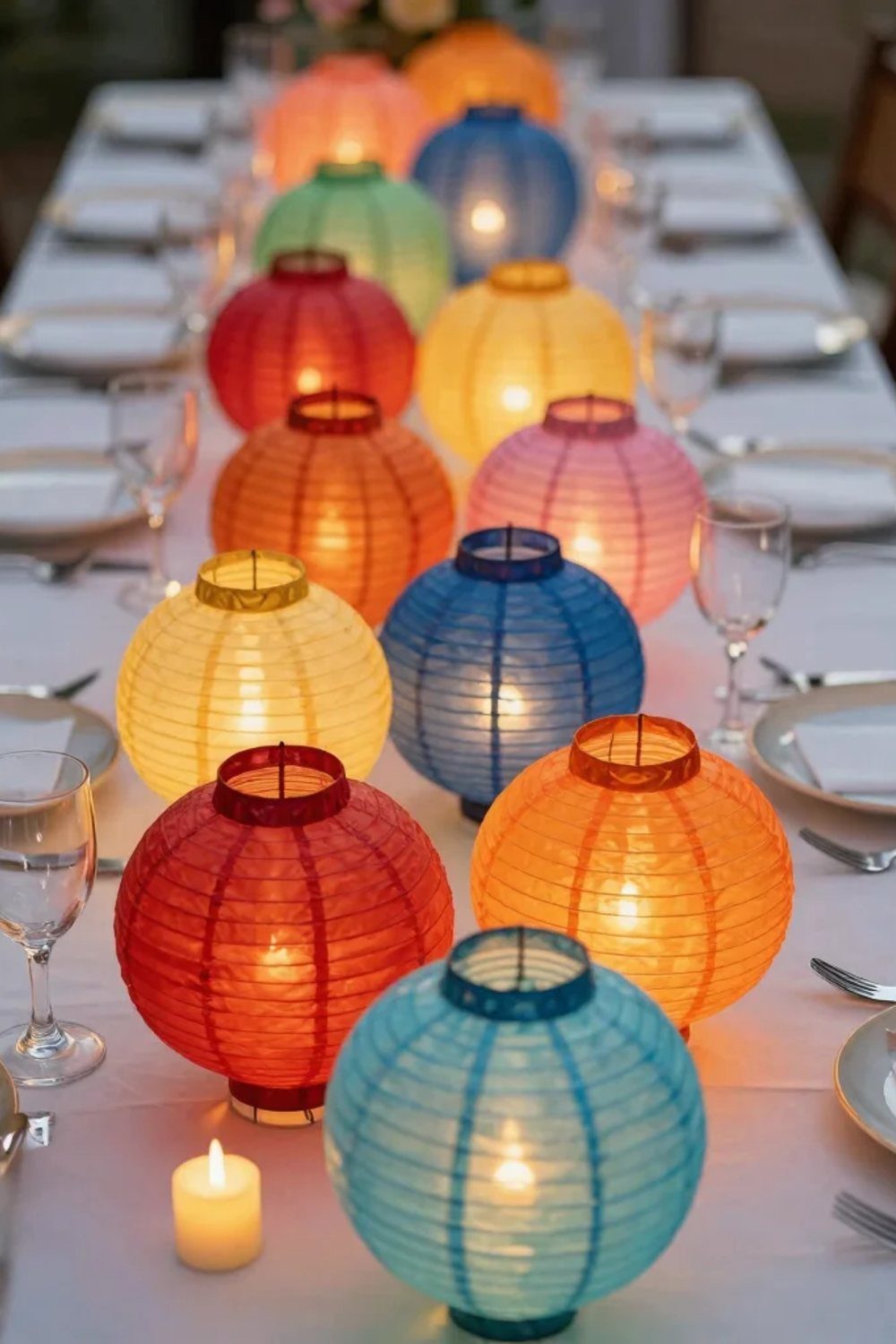 Colorful glowing paper lanterns arranged in a row as centerpieces on a long dining table.