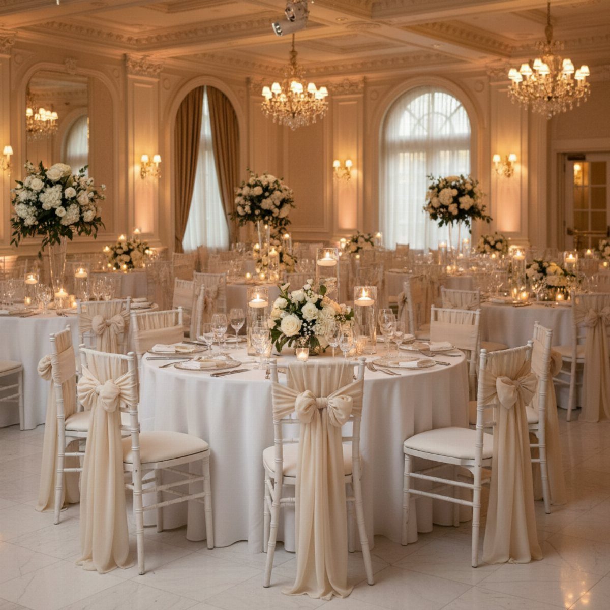 Elegant wedding reception tables with white floral centerpieces, candles, and chairs decorated with cream fabric bows.