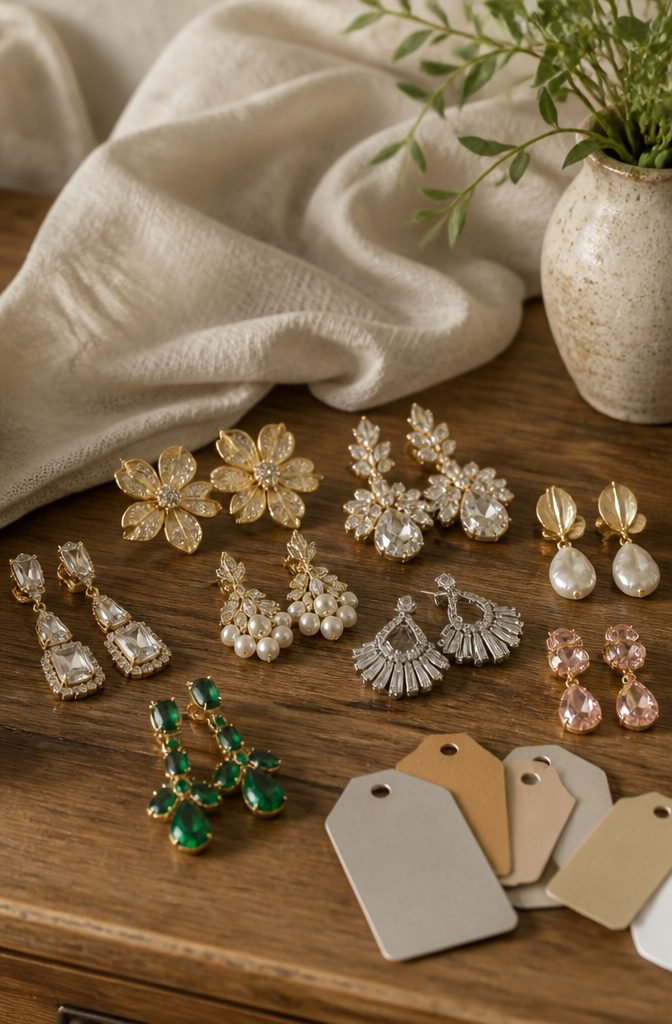 Close-up of wedding earrings displayed with a bridal gown