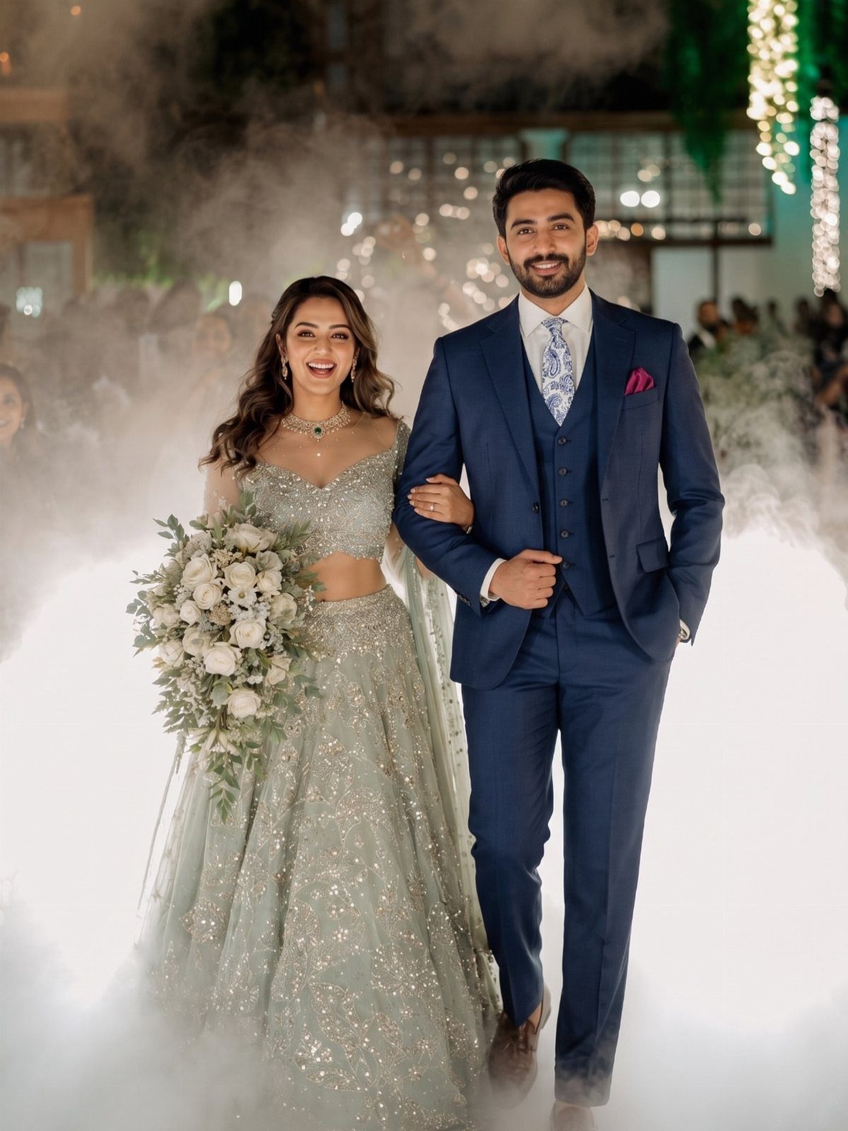 Wedding Suits for Men: 12 Groom Looks Outside Black Tie 2 A man in a blue slim-fit suit and a woman in a sparkling lehenga walk through fog.
