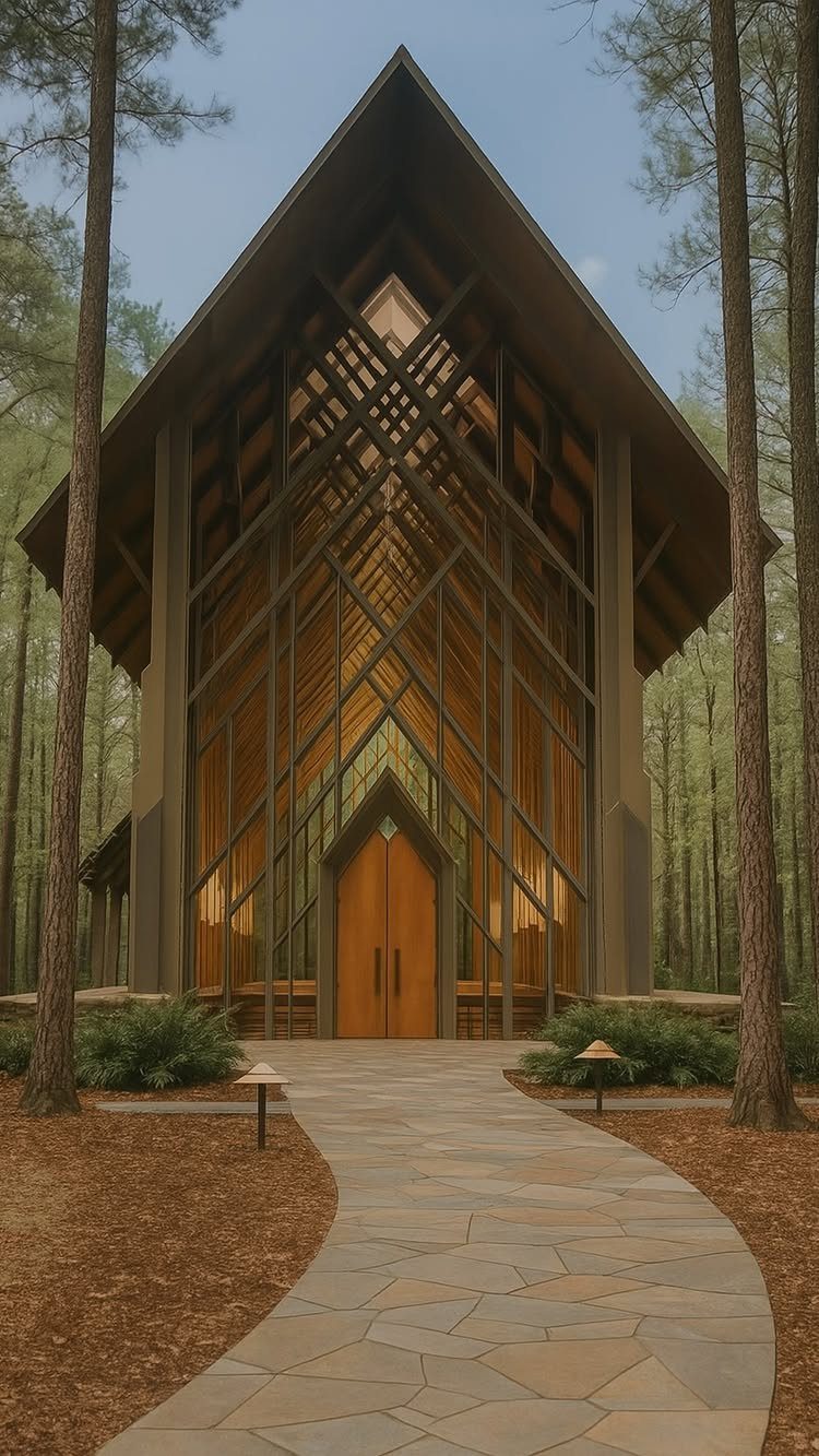 A modern wooden chapel with large glass windows nestled among tall pine trees in a forest.