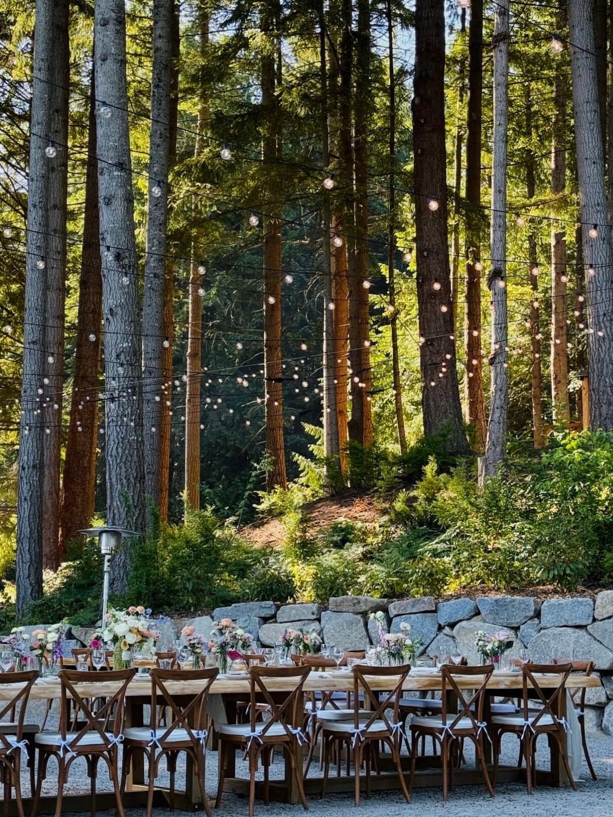 Long wooden dining table with chairs set under string lights in a dense forest.