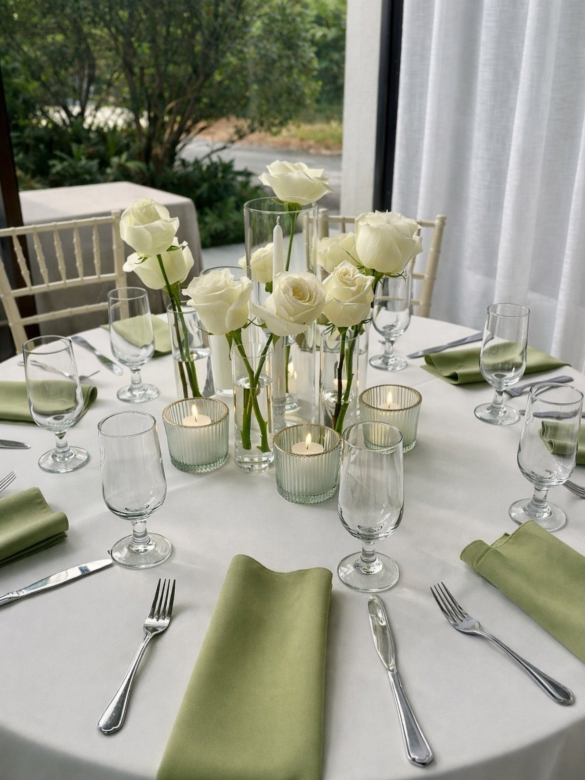 White Wedding Decorations: 10 Ideas for an Elegant Celebration 7 White roses in tall clear glass vases arranged as a centerpiece on a wedding table.