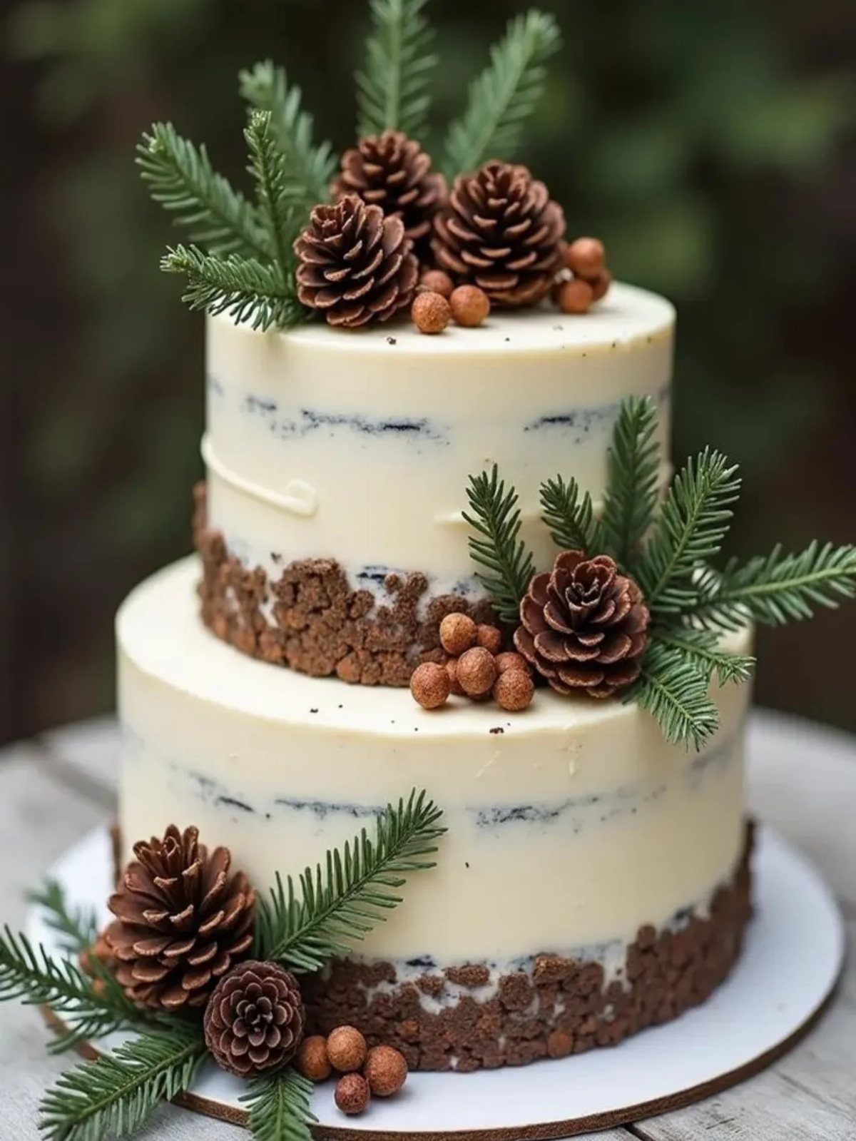 Two-tier white frosted cake decorated with pinecones, evergreen branches, and small berries.