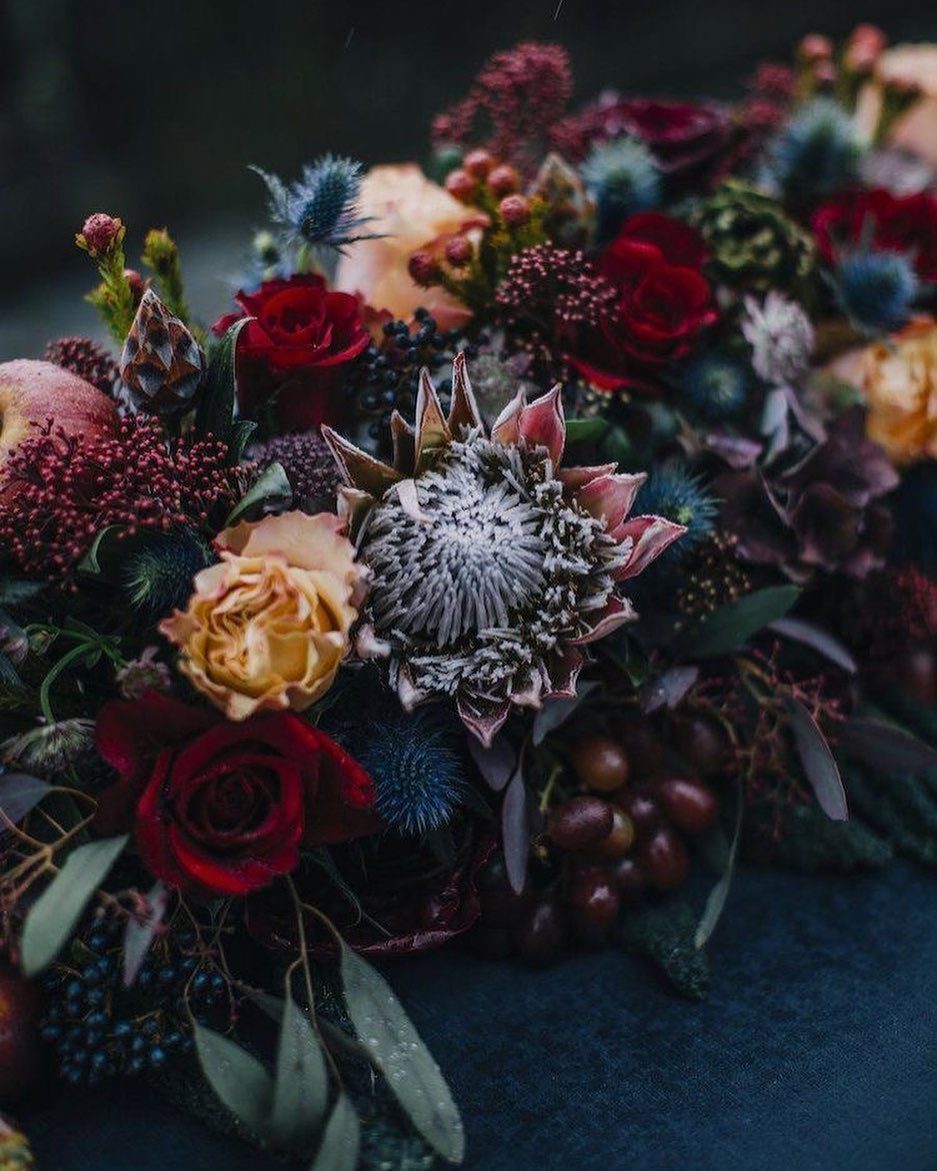 A rich floral arrangement with red roses, protea, and blue thistles on a dark surface.
