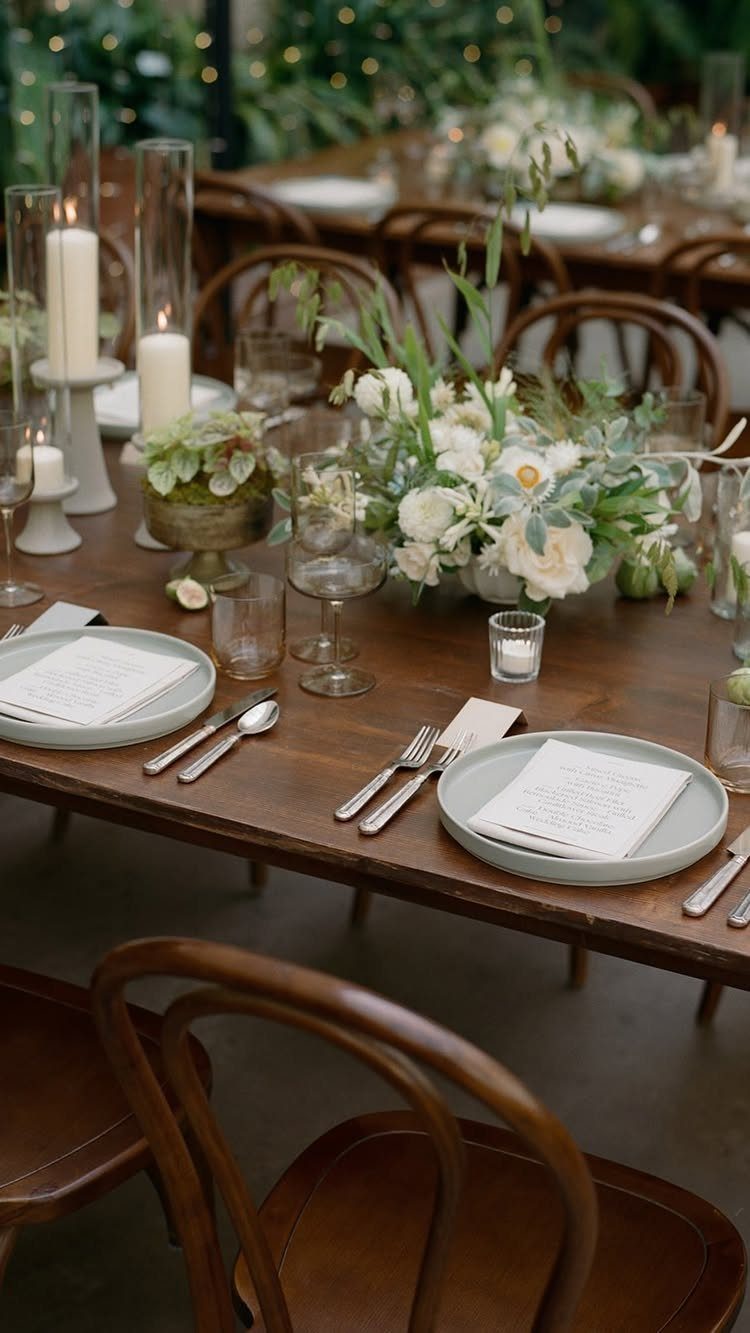 A long wooden wedding table set with sage green plates, silver cutlery, and white floral centerpieces.